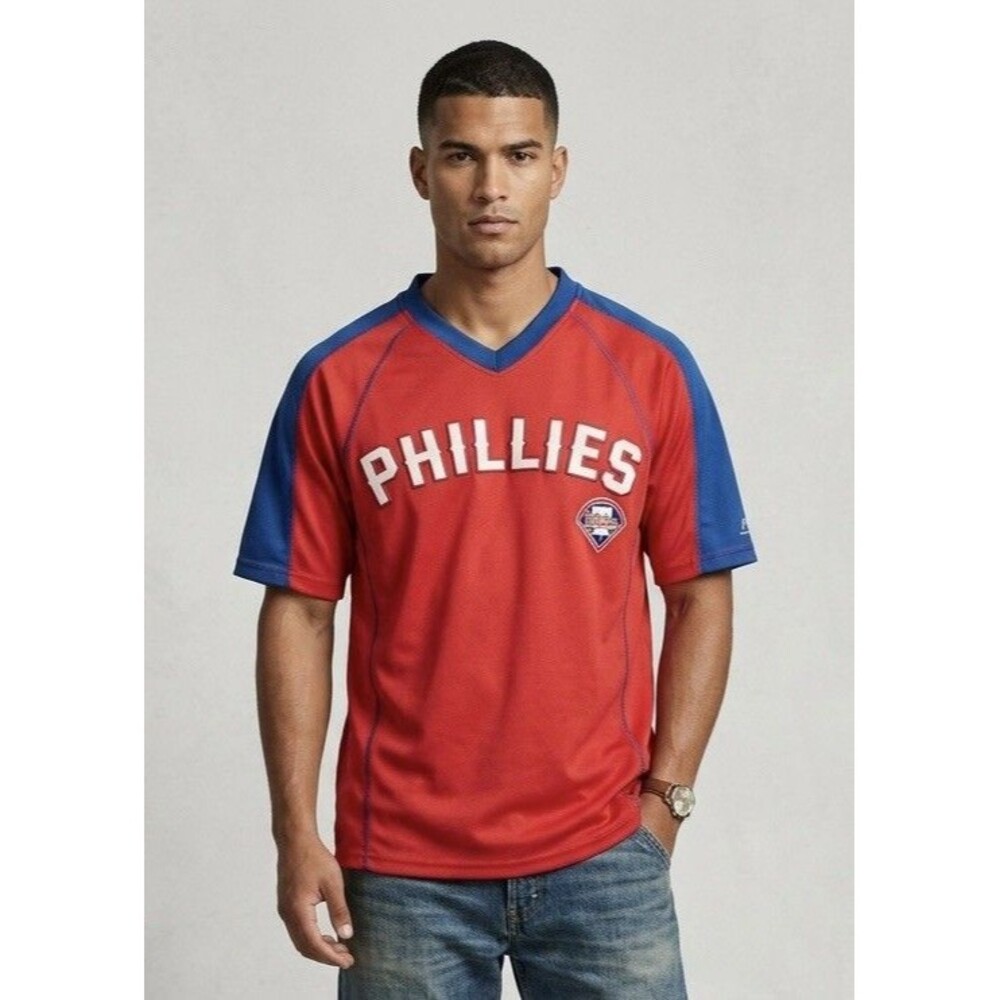 True Fan MLB Philadelphia Phillies Jersey Shirt Mens M Red Blue Mesh V-Neck VTG